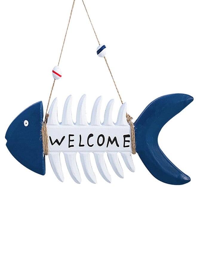 Miyolo Fish Wall Decor Mediterranean Beach Themed Welcome Sign Wooden Fish Skeleton Nautical Ornament for Kids Room Kindergarten School Bathroom 10.8" x 3.8" Porch Door Hanging Decorations - Image 1